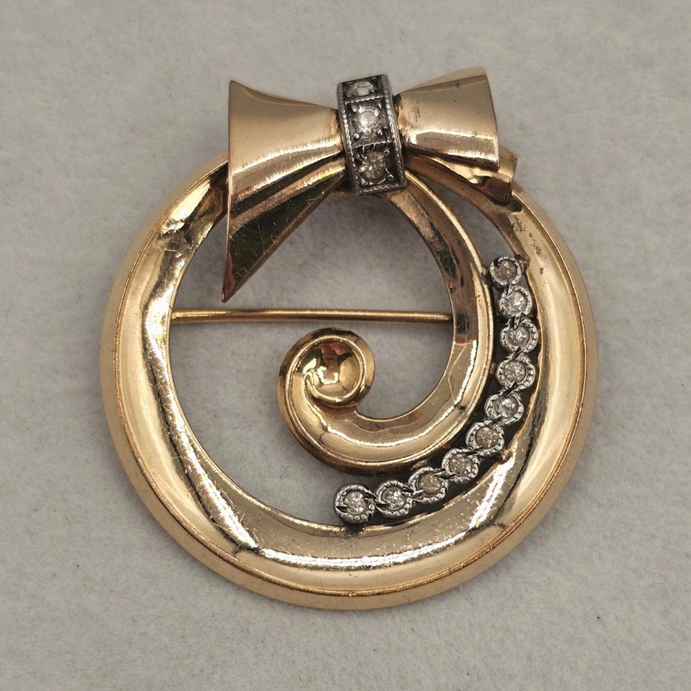 Sterling Silver Gold Filled Rhinestone Brooch Vintage Bow Round Circle Wreath